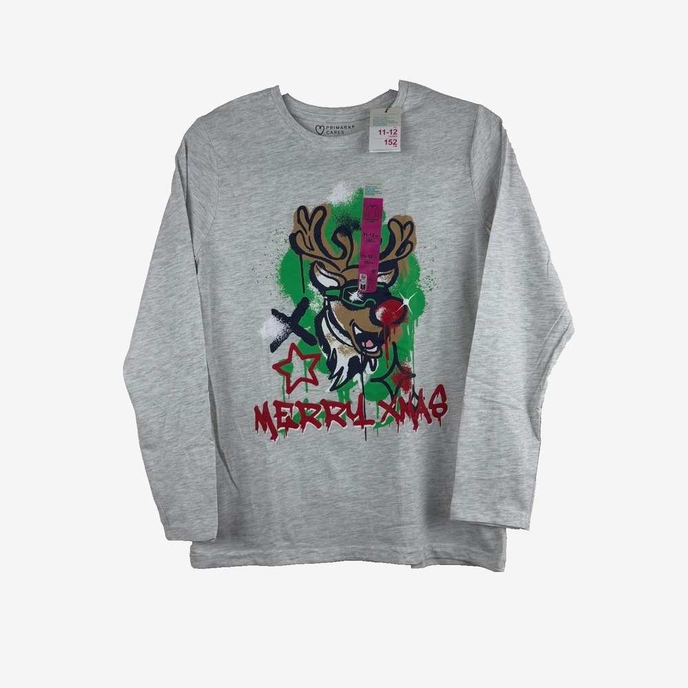New Primark Tee Long Sleeve Kids Size 11/12 Cotton Merry‎ Christmas Soft